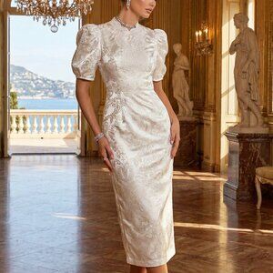 Brocade Jacquard Couture Wedding Evening Cocktail Runway Embroidered Gown Dress